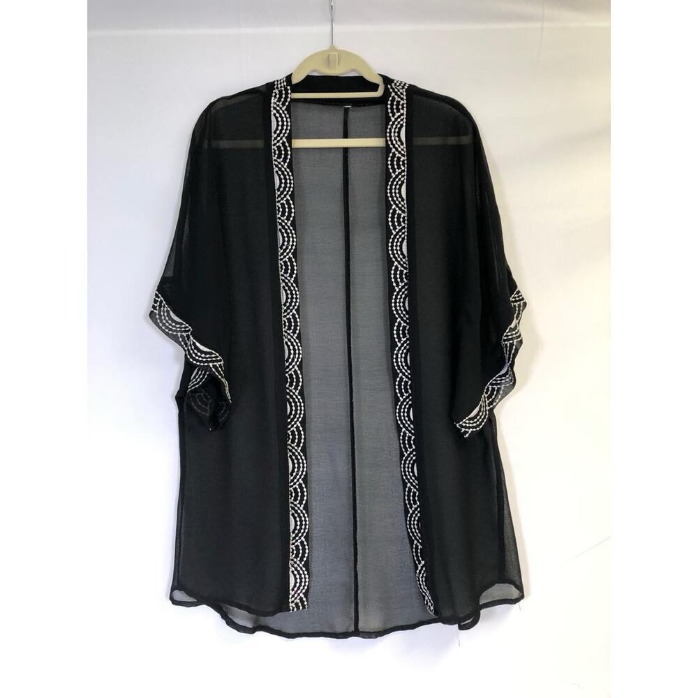 Embroidered Kimono Duster Open Front Womens S/M Black Sheer Boho‎